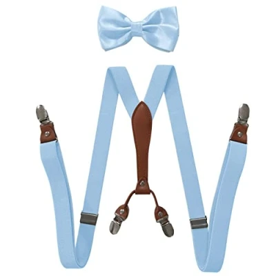 Image of PONERY Mens Braces Y Shape Man&#039;S Suspenders With Bow Tie 3 Clips Set Male Vintage Casual Trousers Strap Boy&#039;S Suspenders,Sky Blue