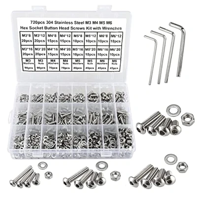 Image of FandWay 720Pcs 304 Stainless Steel M3 M4 M5 M6 Hex Button Head Cap Screws,Hex Socket Machine Screws, Bolts,Nuts and Washers Assortment Set with 4 Wrenches