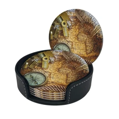 Image of Compass And Old World Map Print Round Leather Coasters Set Of 6, Ultra Fiber Pu