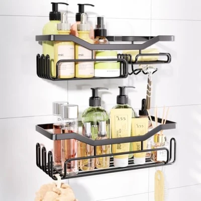 Image of HapiRm Storage Shower Shelves, Caddy organiser with 11 Hooks, Shelf Razor Holder,Soap Dish,Towel Hook Bathroom Accessories Black,3 Sticker,2 pcs