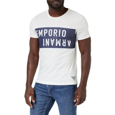 Image of Emporio Armani Men&#039;s Bold Logo Crew Neck T Shirt, White/Navy Blue, S