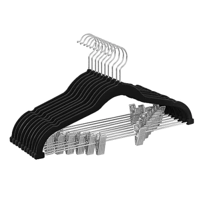 Image of SONGMICS Trouser Hangers, Set of 20 Velvet Hangers with Adjustable Clips, 42.5 cm Long, Non Slip, Space Saving, for Skirts, Coats, Dresses, Black CRF012B20