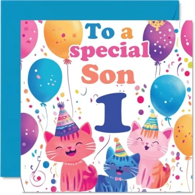 Image of 1st Son Birthday Card Cute Cats Special Happy for from Mum Dad, 145mm x Age 1 One Greeting Cards
