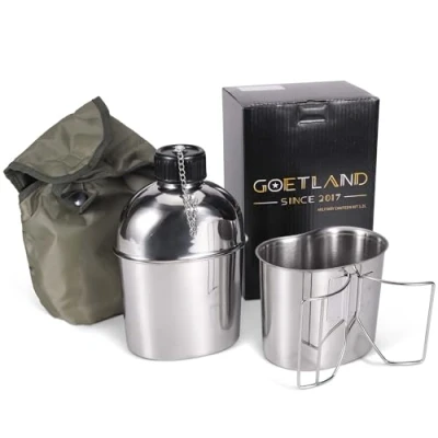 Image of Goetland Stainless Steel WWII US Army Canteen Water Bottler Military Kit 1.06QT with 0.53QT Cup Nylon Pouch G.I.