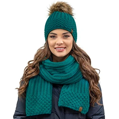 Image of Vivisence Stylish Winter Set Including Warm Hat with Pompom and Matching Scarf Made from Soft Fleece Lined Fabric Ideal for Cold Days, Dark Turquoise,UNI