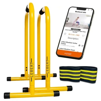 Image of Lebert Fitness Dip Bar Stand Original EQualizer Total Body Strengthener Pull Up Home Gym Exercise Equipment Dipping Station Hip Resistance Band, Workout Guide and Online Group Yellow