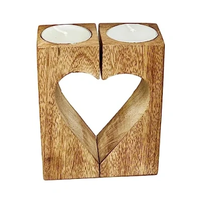Image of Cut Out Heart Tea Light Holder Wooden Block Country Table Decor Candles Included 10x12x5cm