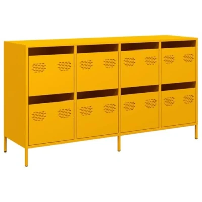 Image of vidaXL Mustard Yellow Sideboard Cold Rolled Steel Cabinet, 4 Drawers &amp; Compartments, Modern Storage for Kitchen or Dining Room, Dimensions 135x39x73.5 cm