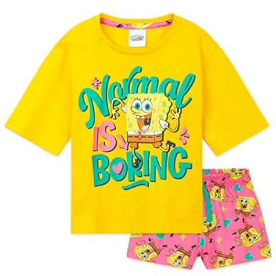 Image of SPONGEBOB SQUAREPANTS Girls Pyjama Set, Lounge Wear Cropped T Shirt Gifts (Yellow/Pink, 4 5 Years)