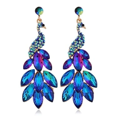 Image of fdsmall Women’s Tassel Earrings Peacock Dangle Austrian Crystal Boho Waterfall Beaded Fringe Drop Earring (Blue)