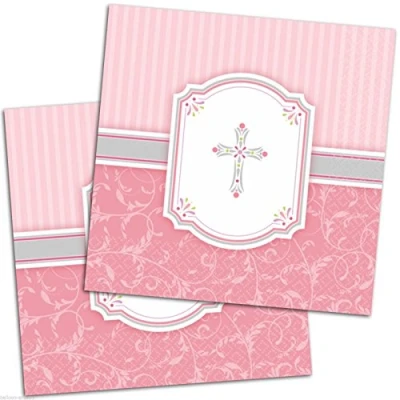 Image of Amscan International Communion Blessing Pink Party Napkins, Pack of 16, Pink, White &amp; Silver,513847