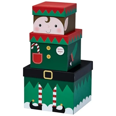 Image of Design By Violet Set of 3 Novelty Christmas Stackable Nested Gift Boxes Elf Present Xmas Cardboard Box Wrap for Stocking Filler