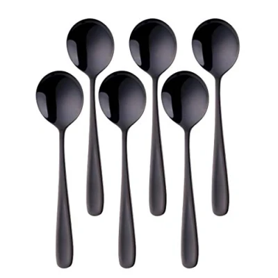 Image of BISDARUN Round Soup Spoons Set of 6 Black Dinner 18/10 Stainless Steel Table 17.5 cm Length, 4.5 Width