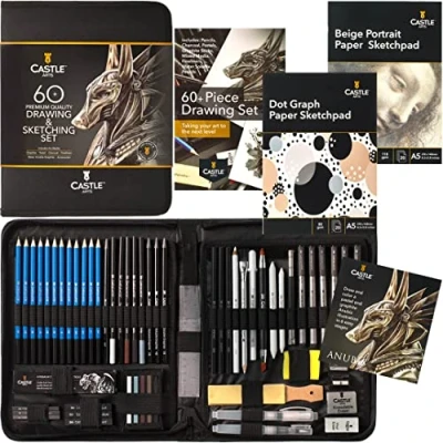 Image of Castle Art Supplies 60 Piece Drawing &amp; Sketching Set Quality Graphite, Charcoal, Pastel, Water Soluble Pencils + Sticks, Fineliners For Professional and Adult Artists In Carry Anywhere Zip Case