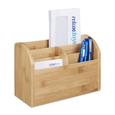 Image of Relaxdays Bamboo Desk Organiser, Pen Holder, Letter Shelf, 5 Compartments, Wood Grain, 15 x 23 10 cm, Natural Brown