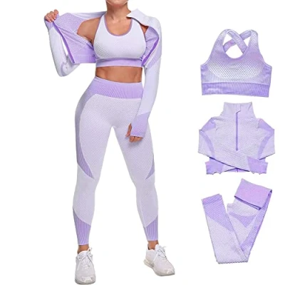 Image of Veriliss Women&#039;s 3pcs Gym Tracksuit Sweatsuit Activewear Sets 2024 Sport Yoga Fitness Clothing Ladies Workout Outfit Sportsuits for Running Jogging (Purple,S)