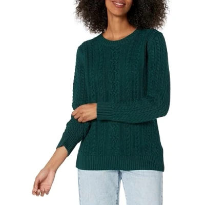 Image of Amazon Essentials Women&#039;s Fisherman Cable Long Sleeved Crewneck Sweater (Available in Plus Size), Deep Green, XXL