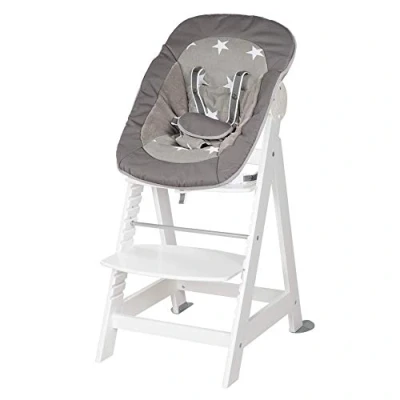 Image of roba Born Up Stair High Chair Set 2 in 1, Little Stars with Attachment for Newborns, Chair, Baby Reclining Function, from Birth to Youth Wood, White