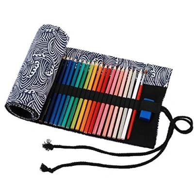 Image of Amoyie Hand Roll Up Pencil Storage Bag Canvas Wrap for 36 Colored Pencils Artist Pen Carrier Bag, Stripes