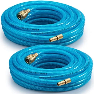 Image of DEUBA® 2X 10m Compressed Air Hose Fabric Reinforced PVC 15 Bar 1/4&#039; Quick Coupler Connection 6mm Internal Diameter 13mm External Compressor Line for Pneumatic Tools Blue