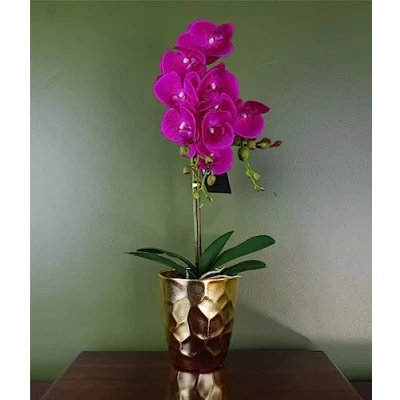 Image of Leaf 54cm Artificial Orchid Plant Dark Pink Gold Pot