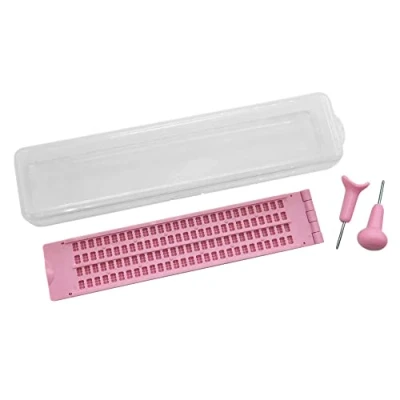 Image of Braille Writing Slate 4 Lines 28 Cells, with 2 Pcs Stylus and Plastic Box, Pink