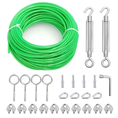Image of hannger M6 Turnbuckles for Cables Wire 3/16&quot;, 50ft PVC Coated Steel Cable Heavy Duty Metal &amp; Rope Climbing Plant Support/Clothes Line/String Light Hanging Kit/Garden Fence/Plant Shade