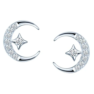 Image of MICGIGI Women&#039;s 925 Sterling Silver Star and Moon Cubic Zirconia Stud Earrings,