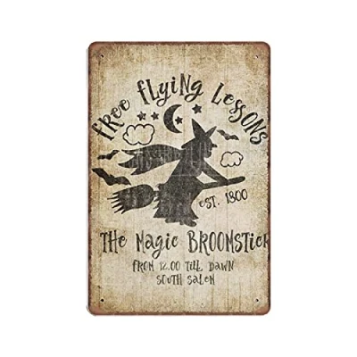 Image of DAIERCY Witch Tin Signs Halloween Broomstick Autumn Fall Decor Cute Funny Vintage Metal Sign Plaqu Poster Wall Art Pub Bar Kitchen Farmhouse Garden Bathroom Home Decor, 140 X 200 mm