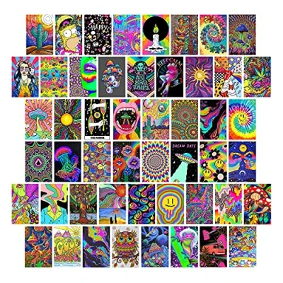 Image of WOONKIT Trippy Room Decor, Indie Hippie Posters, Teen Wall Bedroom Dorm Aesthetic Poster, Psychedelic 50PCS 4X6 INCH