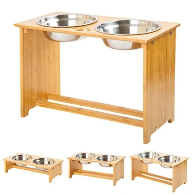 Image of FOREYY Raised Dog Bowls for Cats and Dogs Bamboo Elevated Cat Food Water Stands Feeder Dishes with 2 Stainless Steel Anti Slip Feet (XL 38 cm high)
