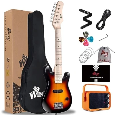 Image of Winzz 30 Inch Mini Electric Guitar Children&#039;s Maple Fingerboard Beginner Set for Children with Amplifier (Sunburst), EGM100