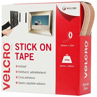 Image of VELCRO Brand Stick On Beige, Hook and Loop Tape Self Roll 20mm x 10m. Cut to Length Strong Secure Adhesive Strips. Perfect Home, Office Garage Fasteners Solution