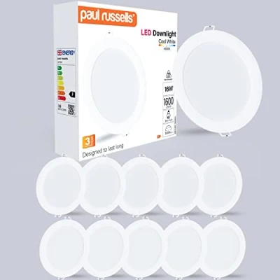 Image of paul russells LED Ceiling Downlights, 16W Slim Recessed Bathroom Kitchen Ceilings, 1600 Lumens, 4000K Cool/Natural White, Cutout 145 155mm, Round Non Dimmable Panel Spotlights, 10 Packs