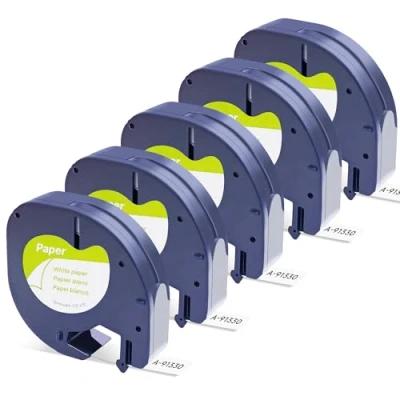 Image of Label Orison letratag Tape 91200 S0721510 Compatible Replacement for Dymo Paper White 12mm x 4m Refills Labelling Tapes Maker LT 100H 100T 110T 2000 XR QX 50, 5 Pack
