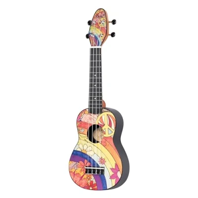 Image of Ortega Guitars Colourful Soprano Ukulele left handed Keiki K2 Starter Kit includes Tuner, Strap, 5 Medium Picks and Drawsting Bag peace &#039;68 (K2 68 L)
