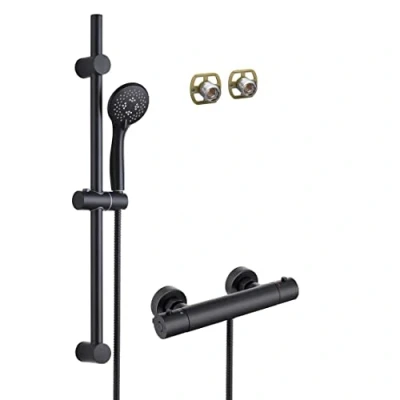 Image of Matt Black Thermostatic Round Bar Mixer Shower Valve + Riser Kit Fast Fit