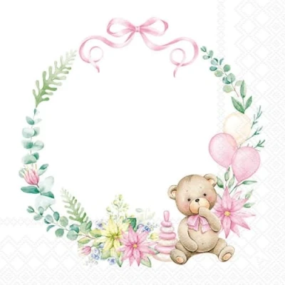 Image of 20 Ambiente Paper Napkins Baby Teddy Bear Pink Table Decoration with Motif Also for Party or Decoupage 33x33 cm