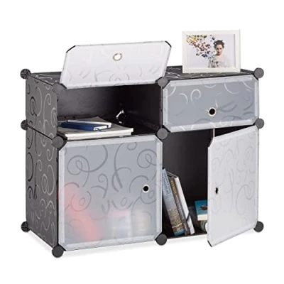 Image of Relaxdays Shelving System 4 Compartments, Plastic Modular Shelf with Doors, Shoe Cabinet, 56 x 75 37 cm, Black