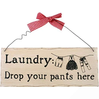 Image of Hanging Sign &quot;Laundry: Drop Your Pants Here&quot; H:10cm W:25cm D:0.7cm pack of 12