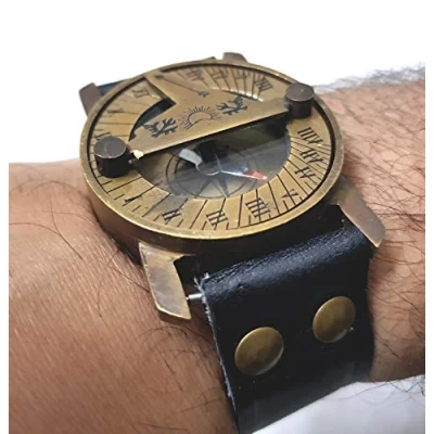 Image of Maritime Steampunk Sundial Brass Compass Wrist Watch Antique Navigation Leather Bracelet, Black
