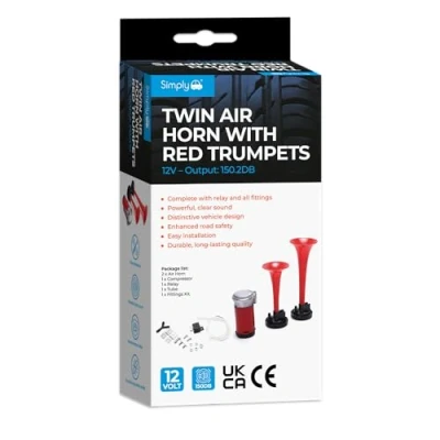 Image of Simply HN20 Twin Air Horn With Red Trumpets All Inclusive Kit Booming Sound Extremely Durable Maintenance Free