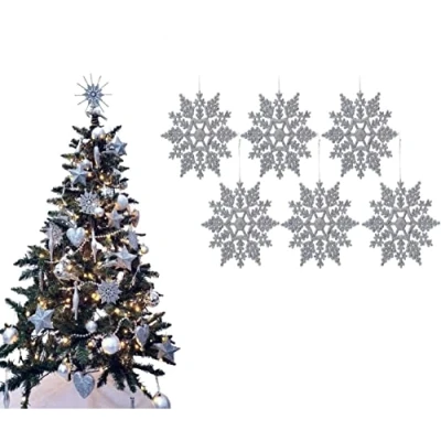 Image of UKDeals Direct® SILVER COLLECTION CHRISTMAS DROPLET BAUBLES TREE DECORATIONS GLITTER MATT ICICLES (Pack of 6 Snowflake)