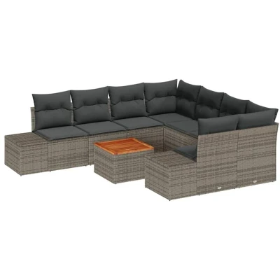 Image of vidaXL 9 Piece Garden Sofa Set with Cushions Grey Poly Rattan Acacia