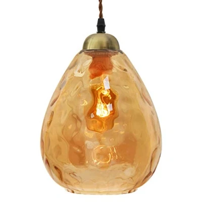 Image of Modern Brass Pendant Light Amber Glass Ceiling Lamp Shade Smoked Teardrop M0 239 F