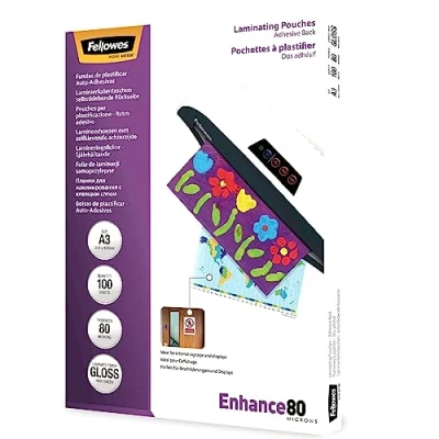 Image of Fellowes A3 Laminating Pouches Gloss Finish 100 Sheets, 160 Micron (2 x 80 Micron) with Adhesive Backing Can be Easily Displayed on Walls or Desktops