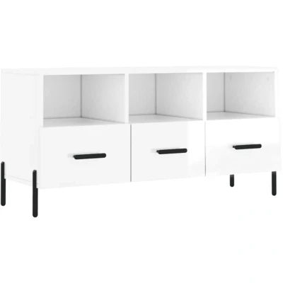 Image of vidaXL High Gloss White TV Cabinet Engineered Wood Television Stand with Drawers Modern Media Unit Iron Legs for Living Room, Bedroom 102x36x50 cm