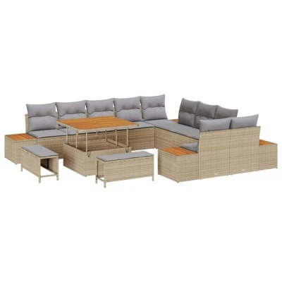 Image of vidaXL 13 Piece Garden Sofa Set with Cushions Beige Poly Rattan Acacia