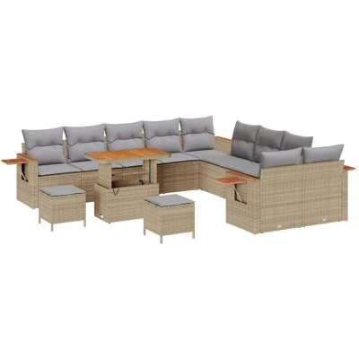Image of vidaXL 13 Piece Garden Sofa Set with Cushions Beige Poly Rattan Acacia