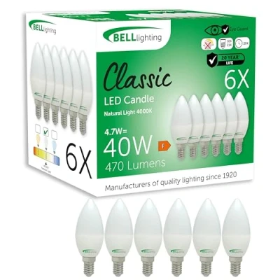 Image of Bell Lighting Small Edison Screw E14 Light Bulb LED Candle 6 Pack Cool White 4000K 470 Lumen 4.7W Energy Saving 40W Halogen Lamp Equivalent Non Dimmable